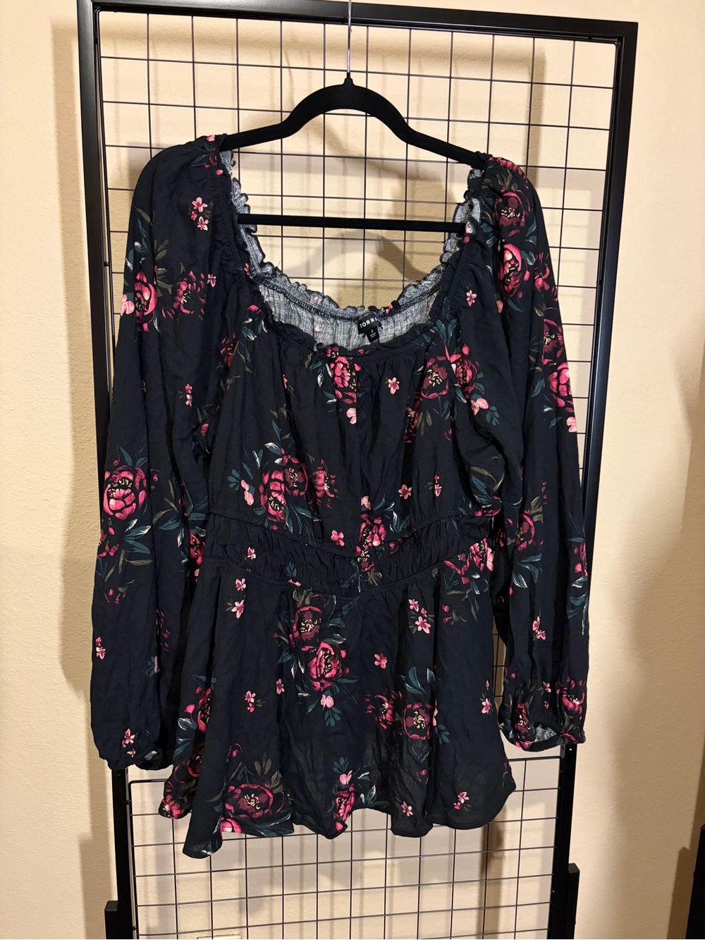 Floral Peasant Blouse - Black with Pink Rose Print - Torrid 3
